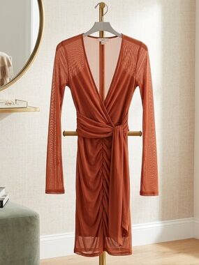 NWT’s Oh Polly Swim XS Women’s Wrap Front Ruched Long Sleeve Slip Dress - Rust/